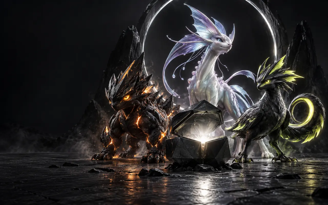 Three Echo creatures surrounding a luminous capsule